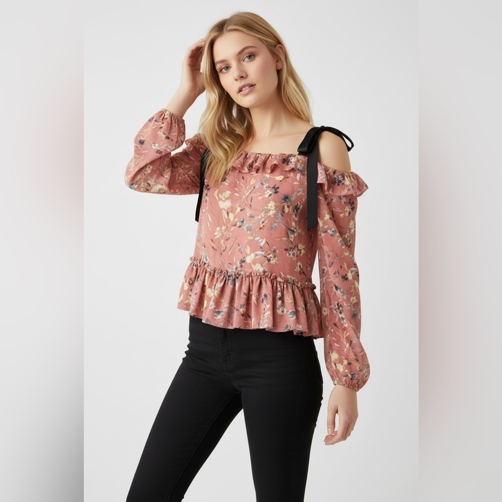William Rast Floral Off Shoulder Peplum Blouse Ribbon Tie Straps Size M